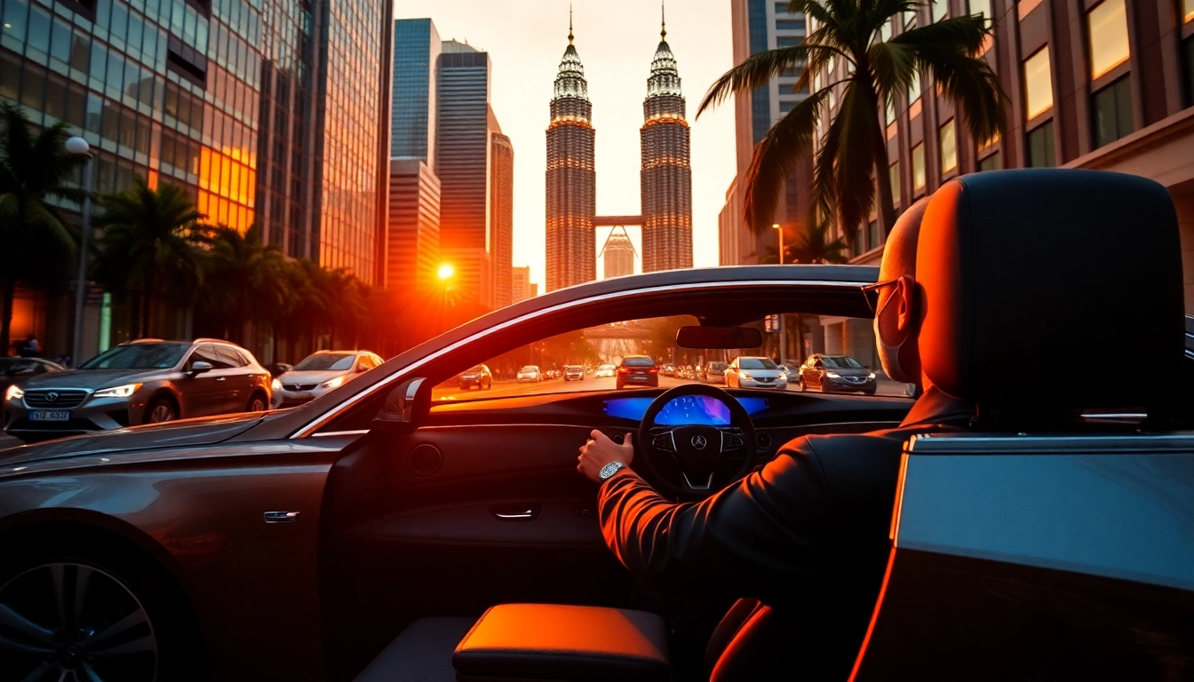 Experience cheap car rental with driver Kuala Lumpur in a stylish vehicle against the Petronas Towers.