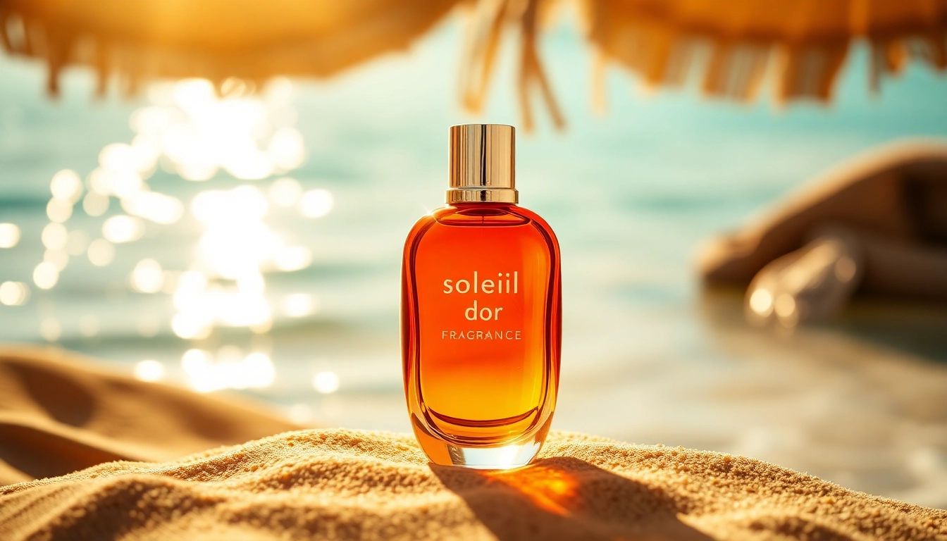 Soleil Dor fragrance elegantly displayed on a sunlit beach with golden sand and turquoise waters.