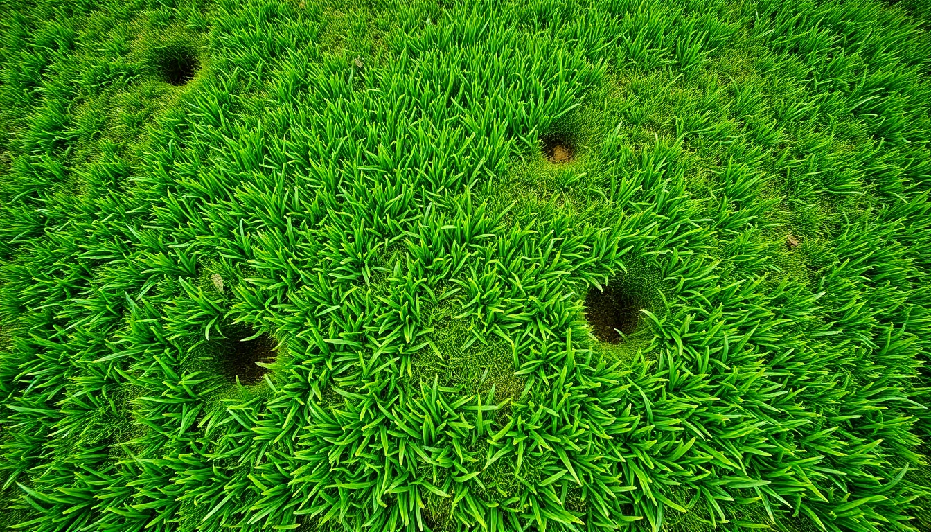 Core aeration process visible in a vibrant green lawn with distinct aeration holes, showcasing lawn health.