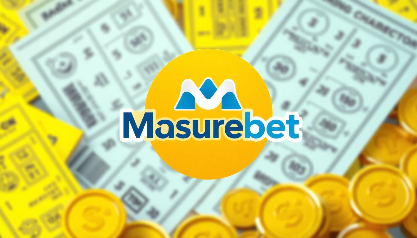 Masurebet logo illustrated among lottery tickets and coins, highlighting the excitement of online lottery.