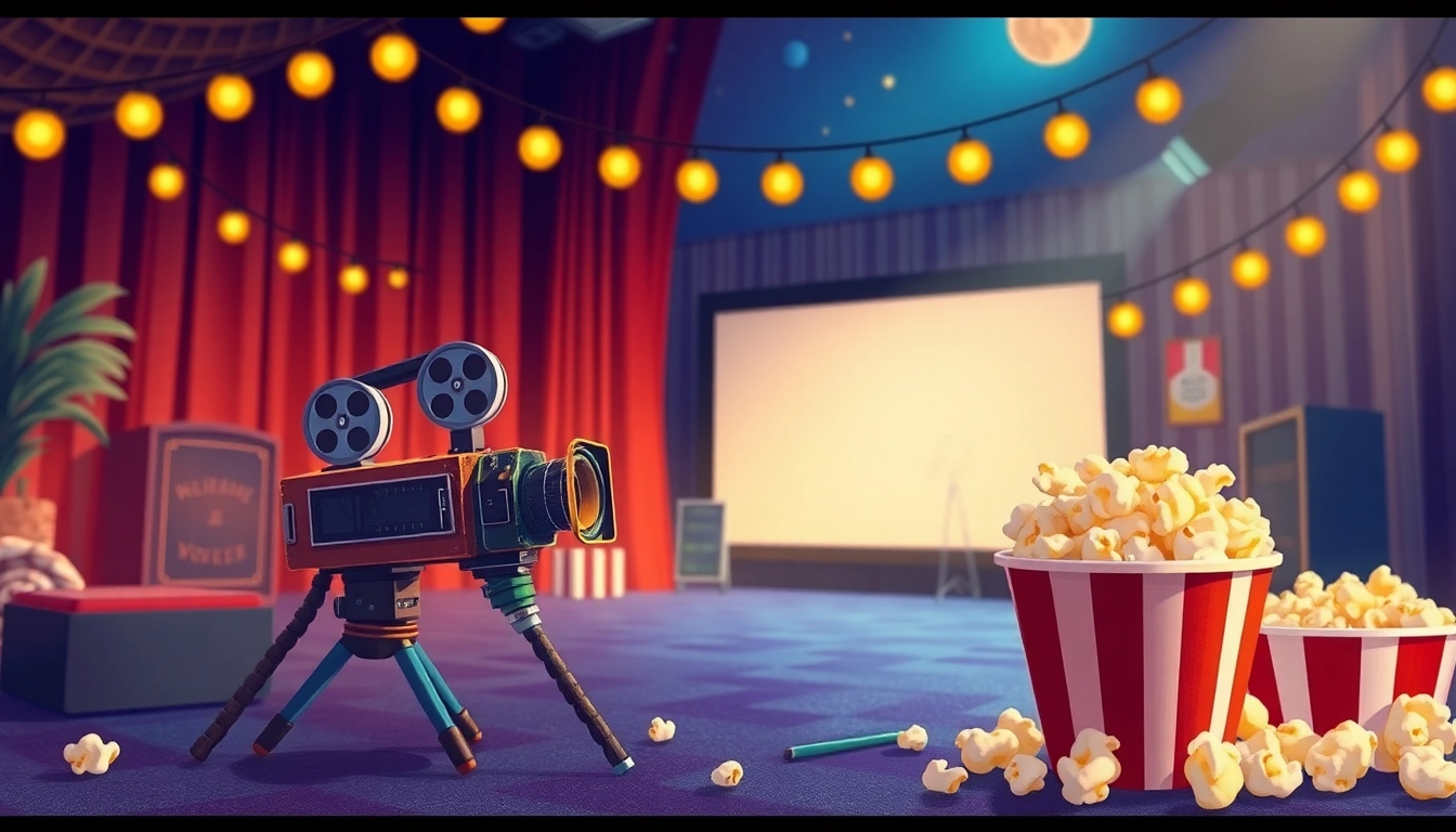 Discover engaging movie reviews and ratings through a warm cinematic scene filled with iconic film elements.