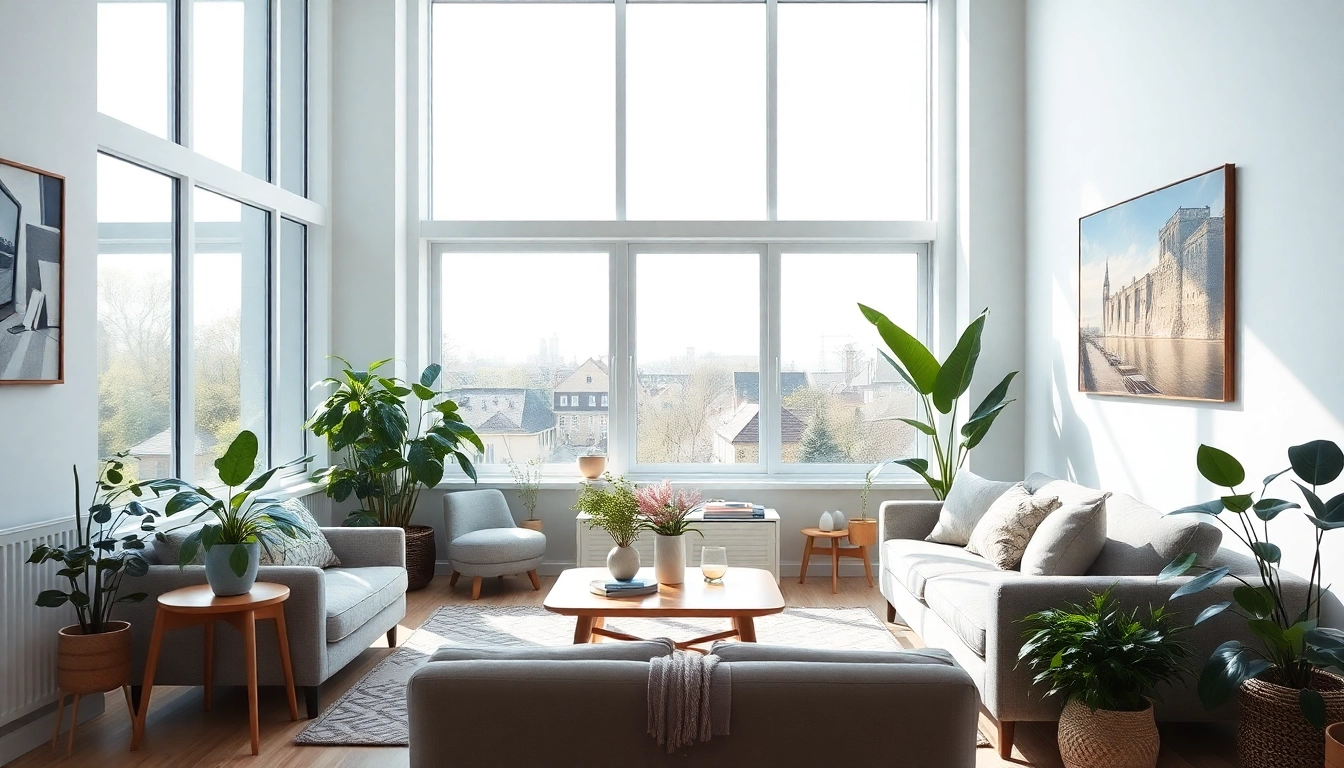 Stylish windows Manchester illuminate a cozy living room filled with plush furniture and greenery.