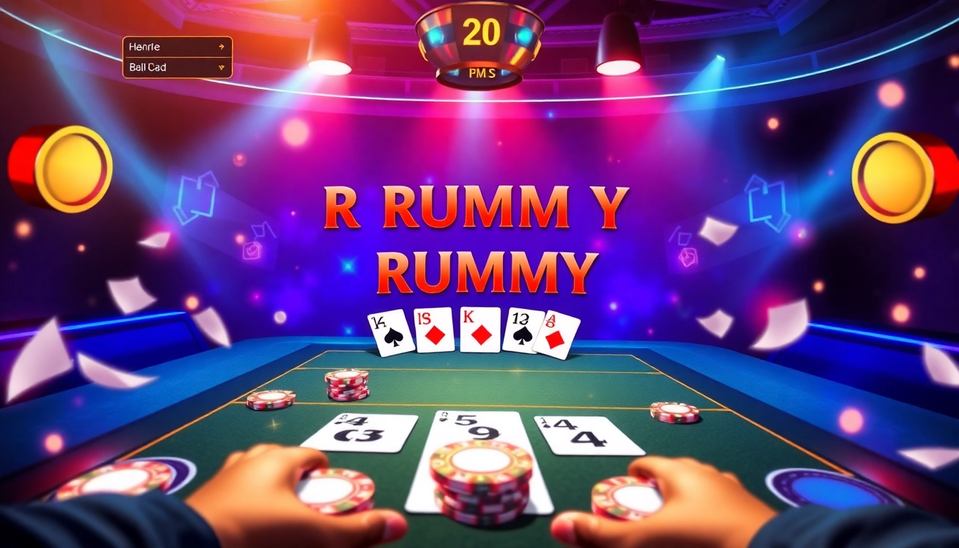 Rummy Wealth online game interface showcasing vibrant cards and chips in a dynamic play setting.