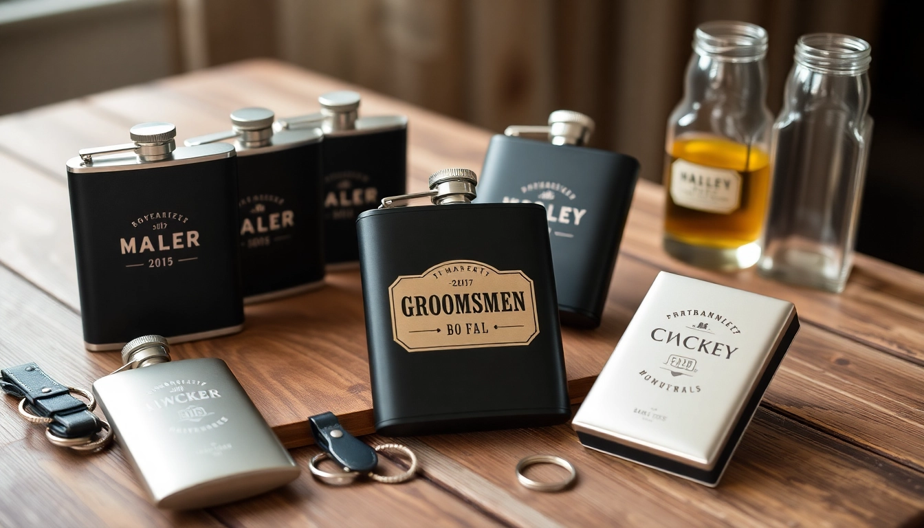 Showcasing unique cheap groomsmen gifts such as personalized flasks and keychains on a rustic table.