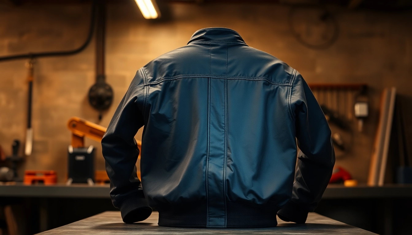 Welding jacket demonstrating flame-resistant features and durable design on a workbench.