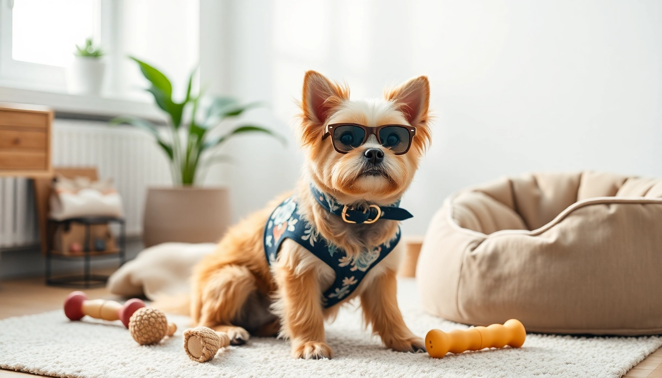 Stylish dog showcasing trendy pet accessories in a cozy indoor setting.