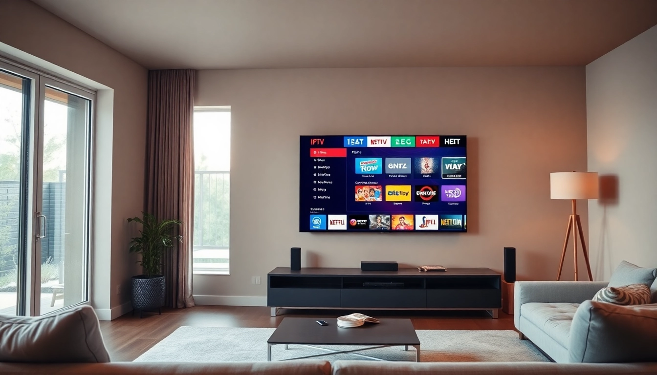 Enjoy IPTV Suisse streaming in a stylish modern living room with a large TV.