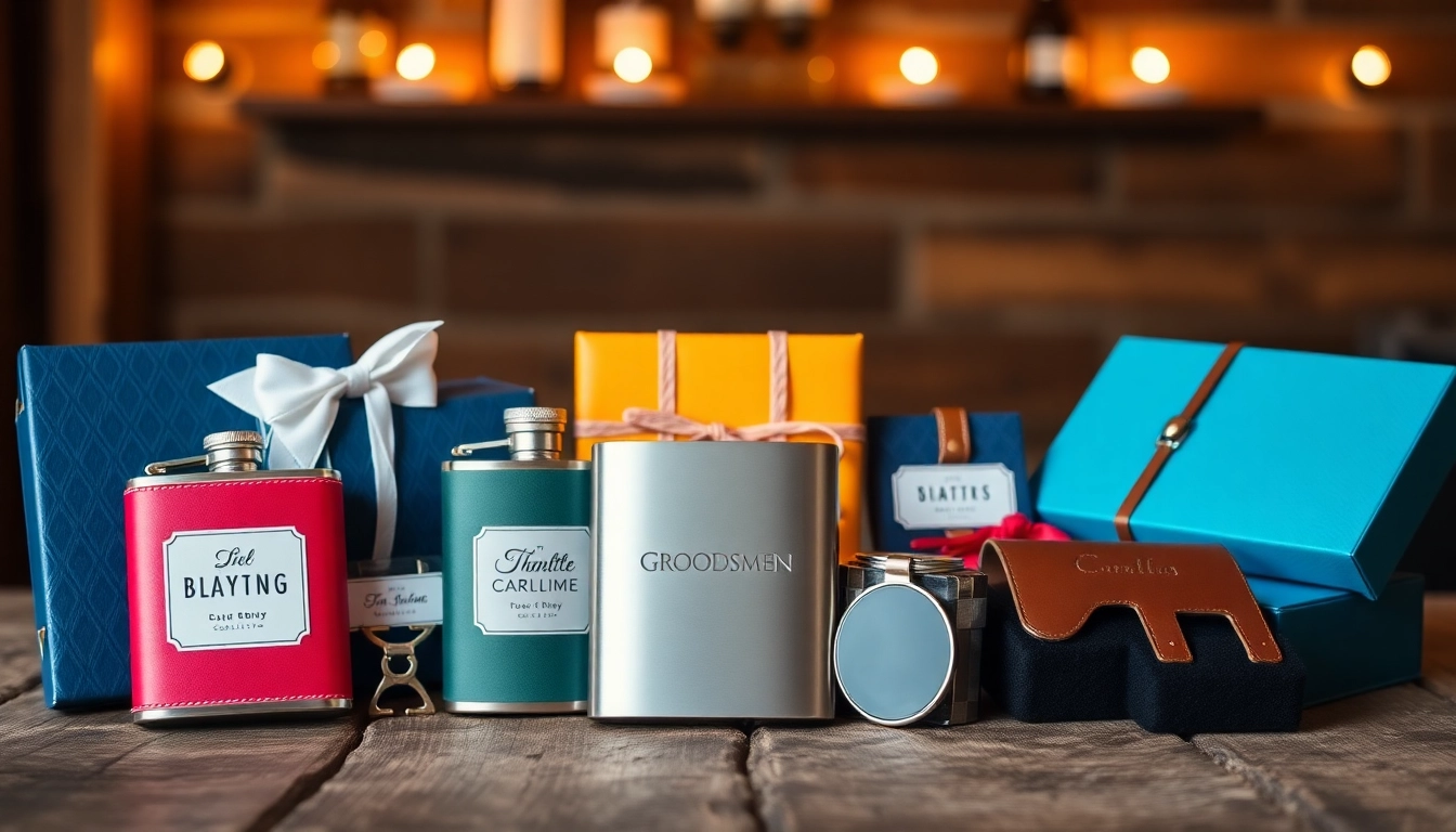 Explore cheap groomsmen gifts like personalized flasks and unique keychains beautifully arranged on a rustic table.