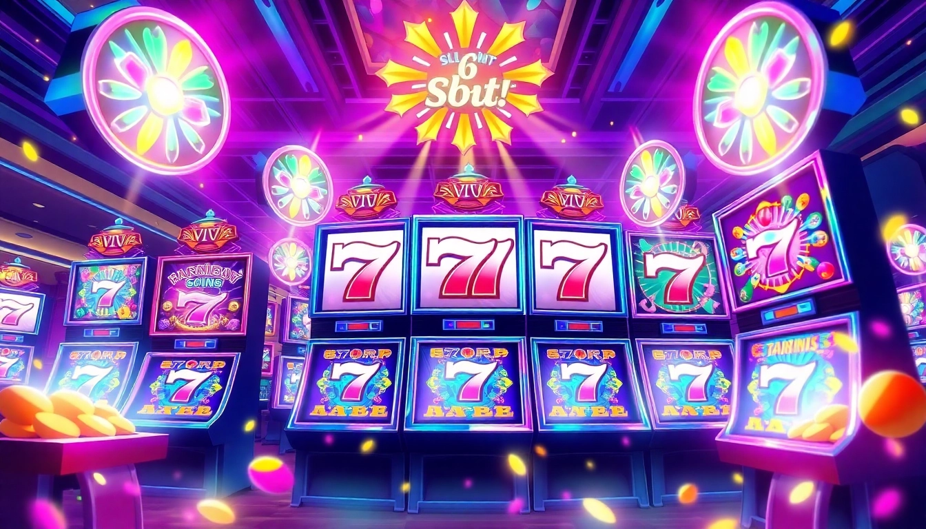 Experience สล็อต777 gameplay with vivid slot machines emitting bright lights in a lively casino setting.