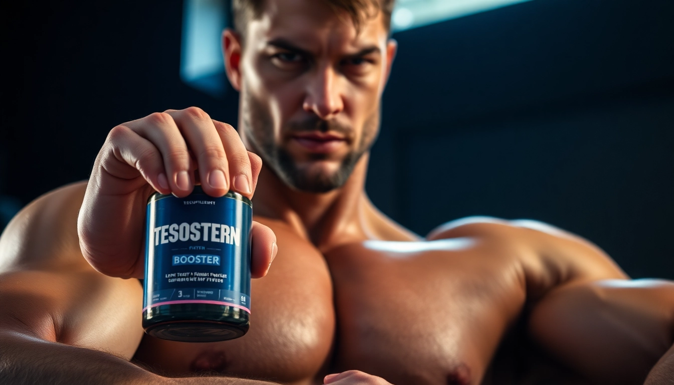 View a muscular man promoting Testosteron-Booster supplements that enhance energy and strength.