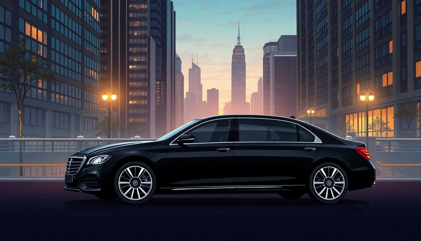 Luxury driver hire Vancouver: A sleek black sedan parked elegantly against the Vancouver skyline at dusk.