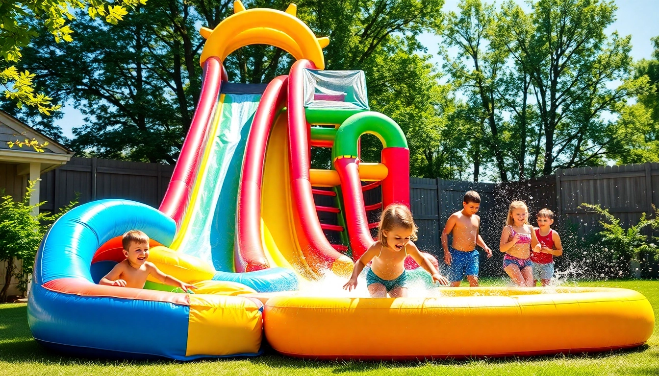 Children enjoying a fun Water Slide Rental on a sunny day, splashing and laughing with vibrant colors.