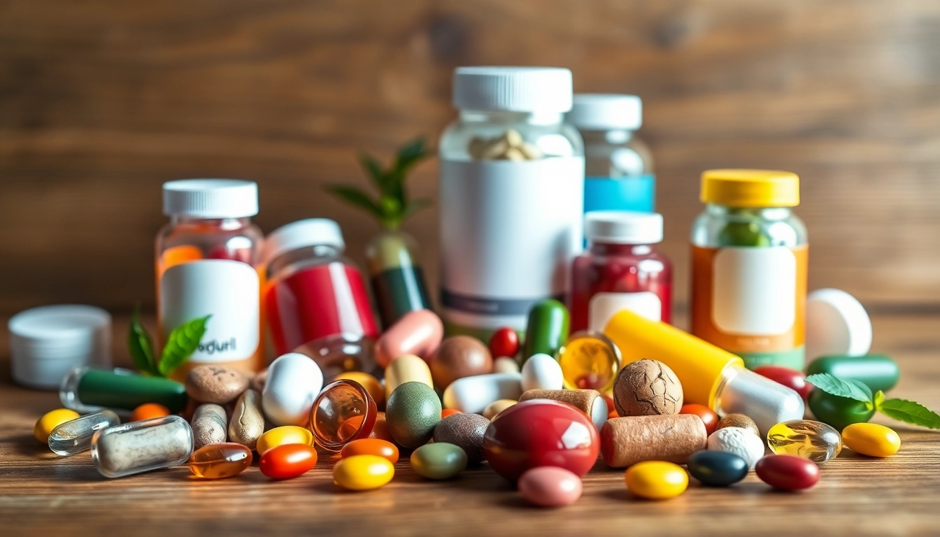 Showcase dietary supplements in unique shapes highlighting their benefits on a wooden surface.