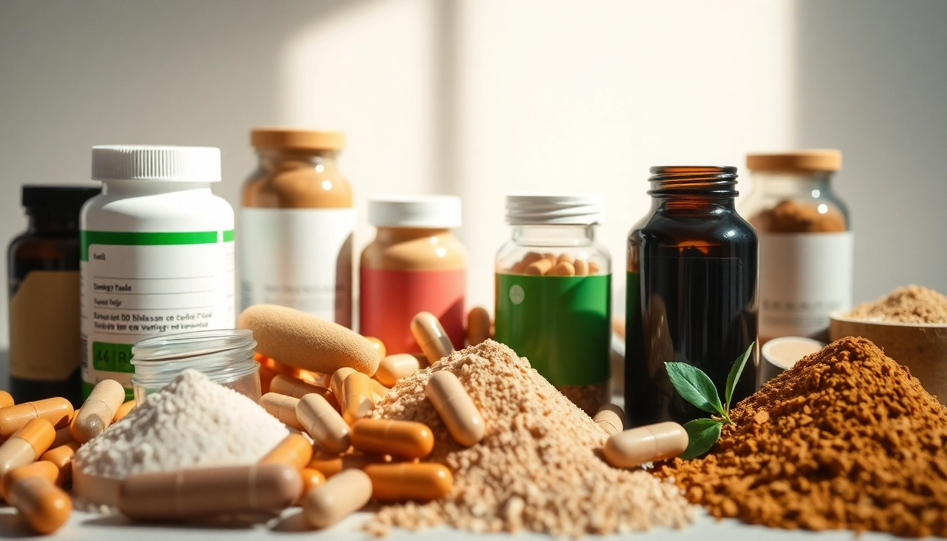 Explore various dietary supplements with vibrant capsules and powders in a natural setting.