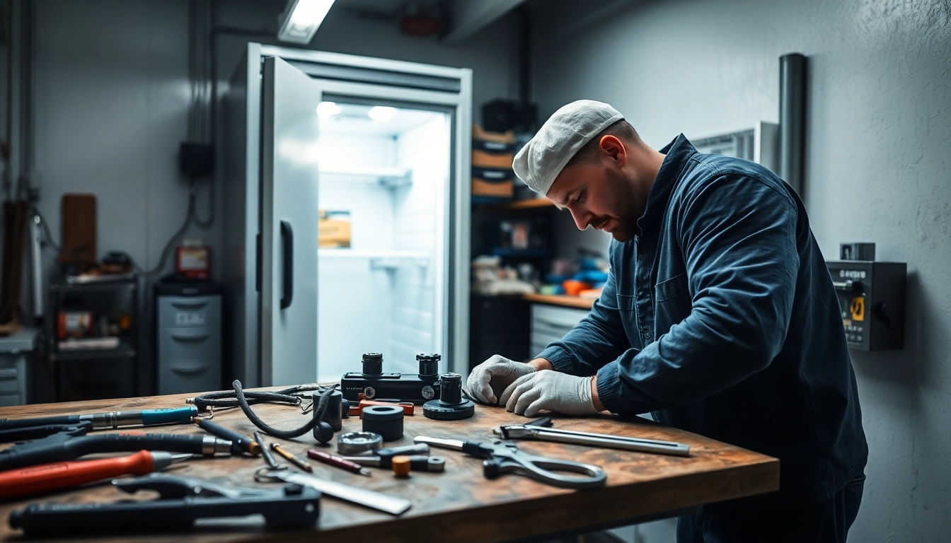 Expert technician performing walk in freezer repair with professional tools in a well-lit workshop.