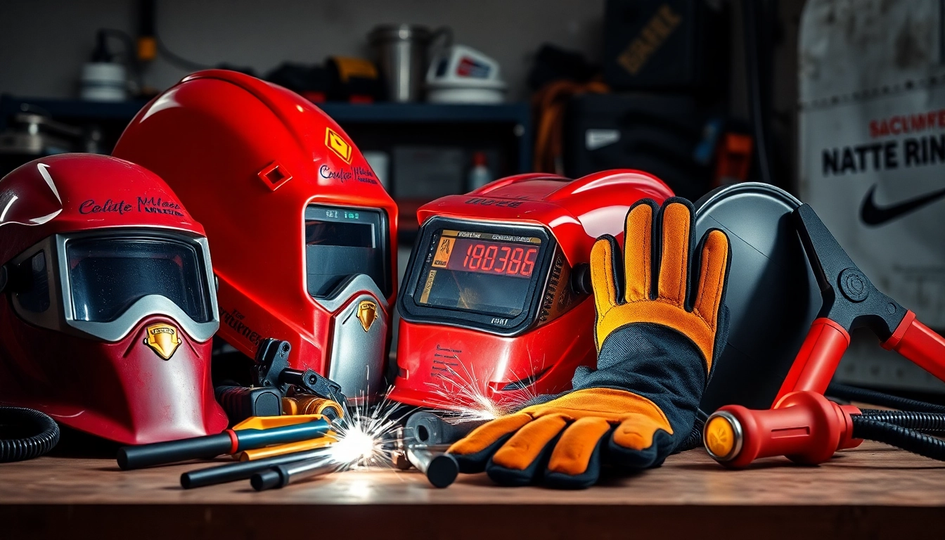 Showcase essential welding supplies like helmets and gloves arranged on a workbench.