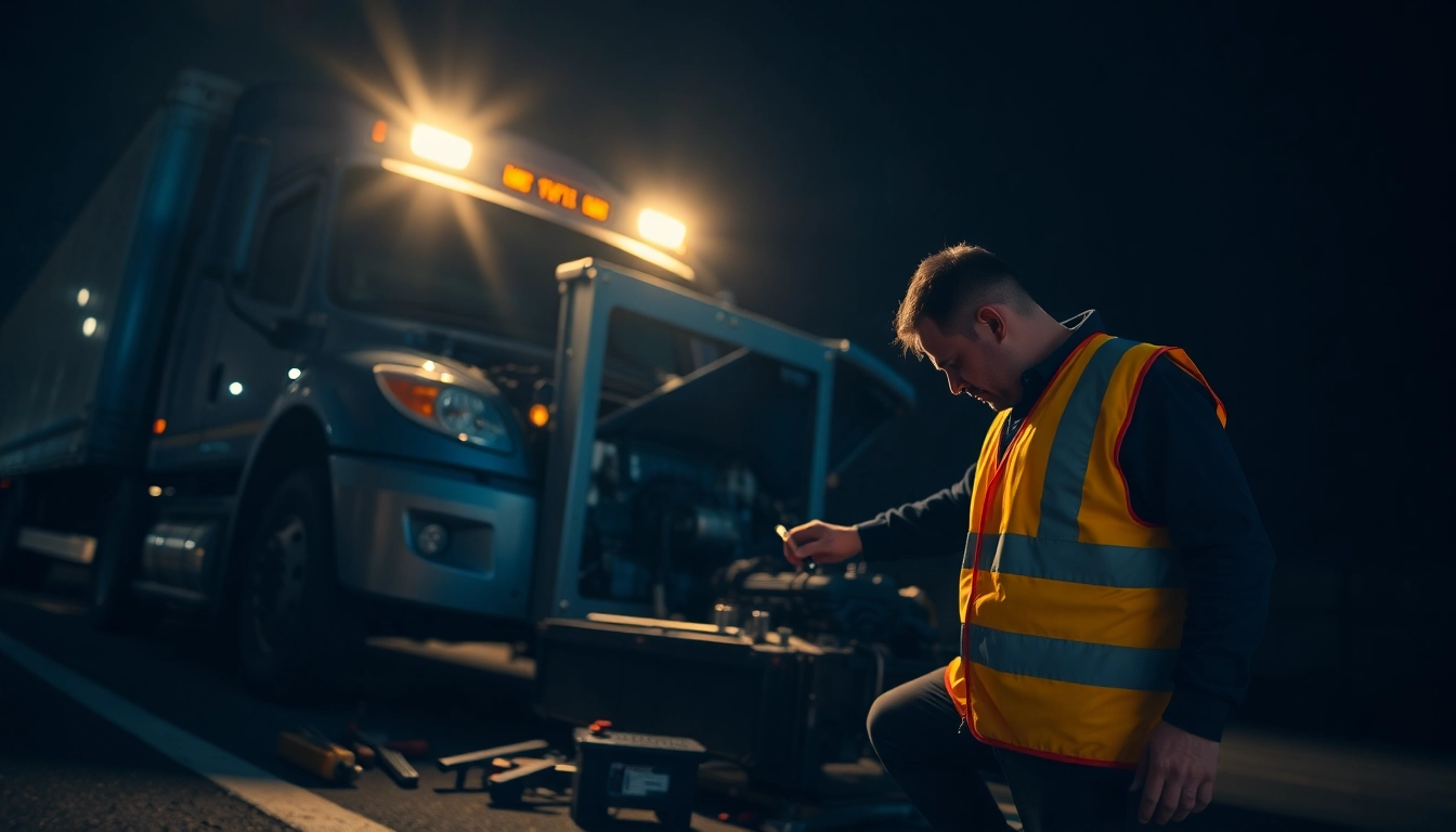 Offering 24/7 emergency truck repair service with expert mechanics working on a truck at night.