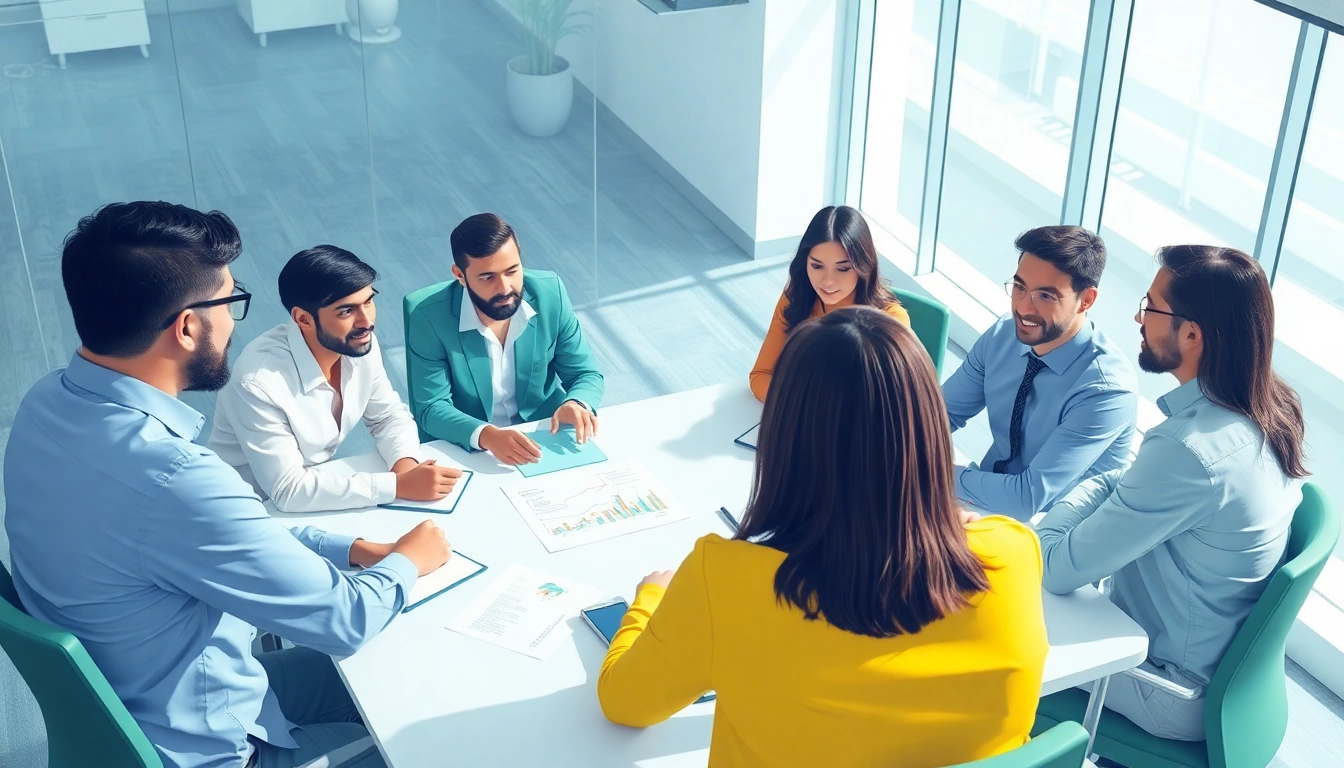 Outsourcing discussion among diverse professionals in a bright, modern office.