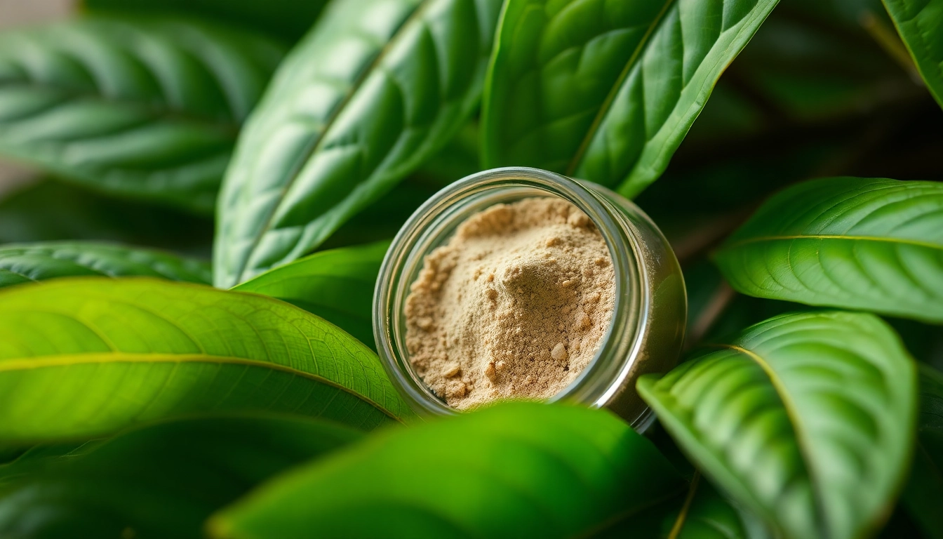 Showcase 7 hydroxymitragynine bulk powder in a jar with kratom leaves, emphasizing its purity and quality.