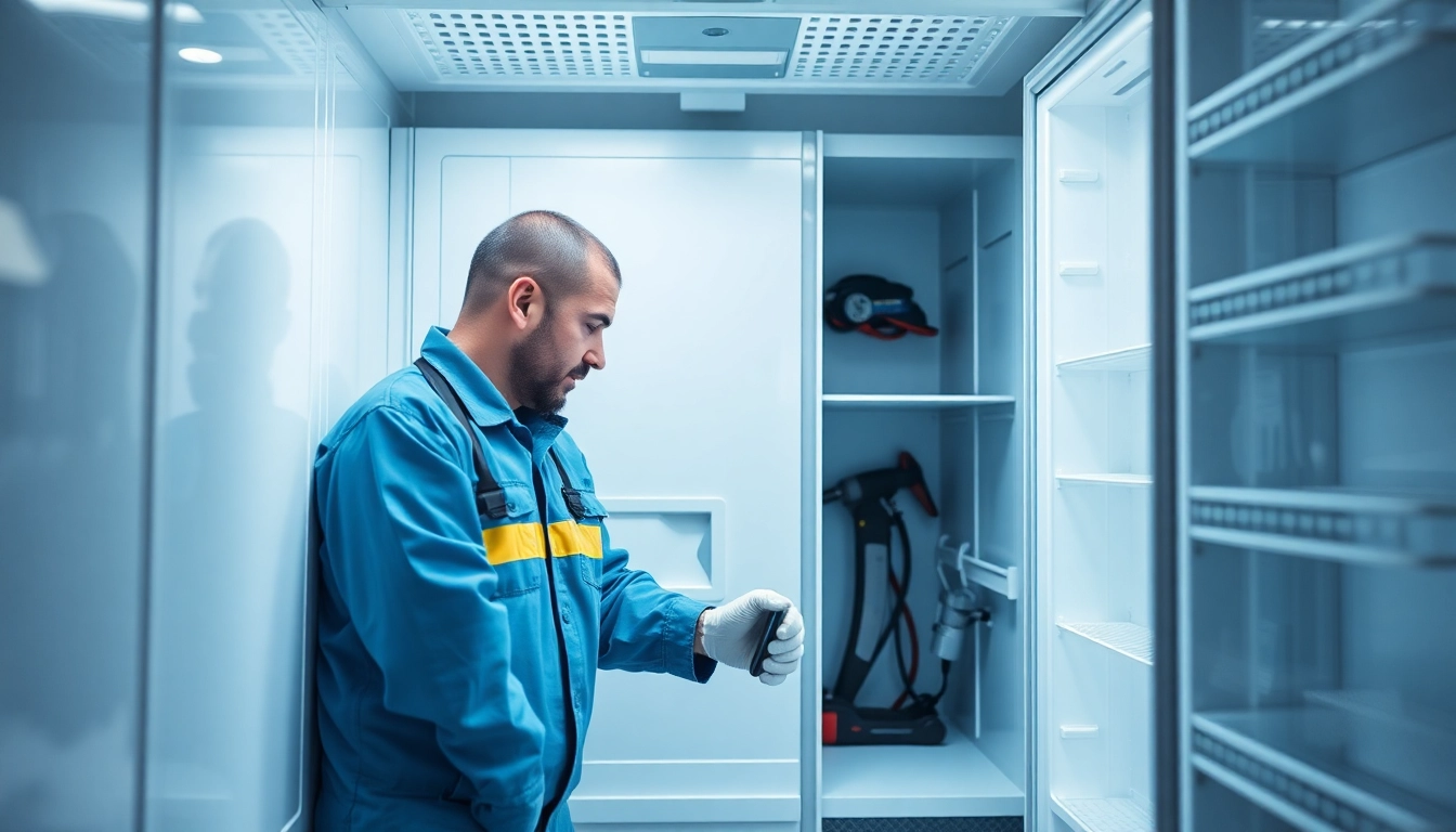 Technician performing walk in freezer repair with tools in a commercial kitchen.