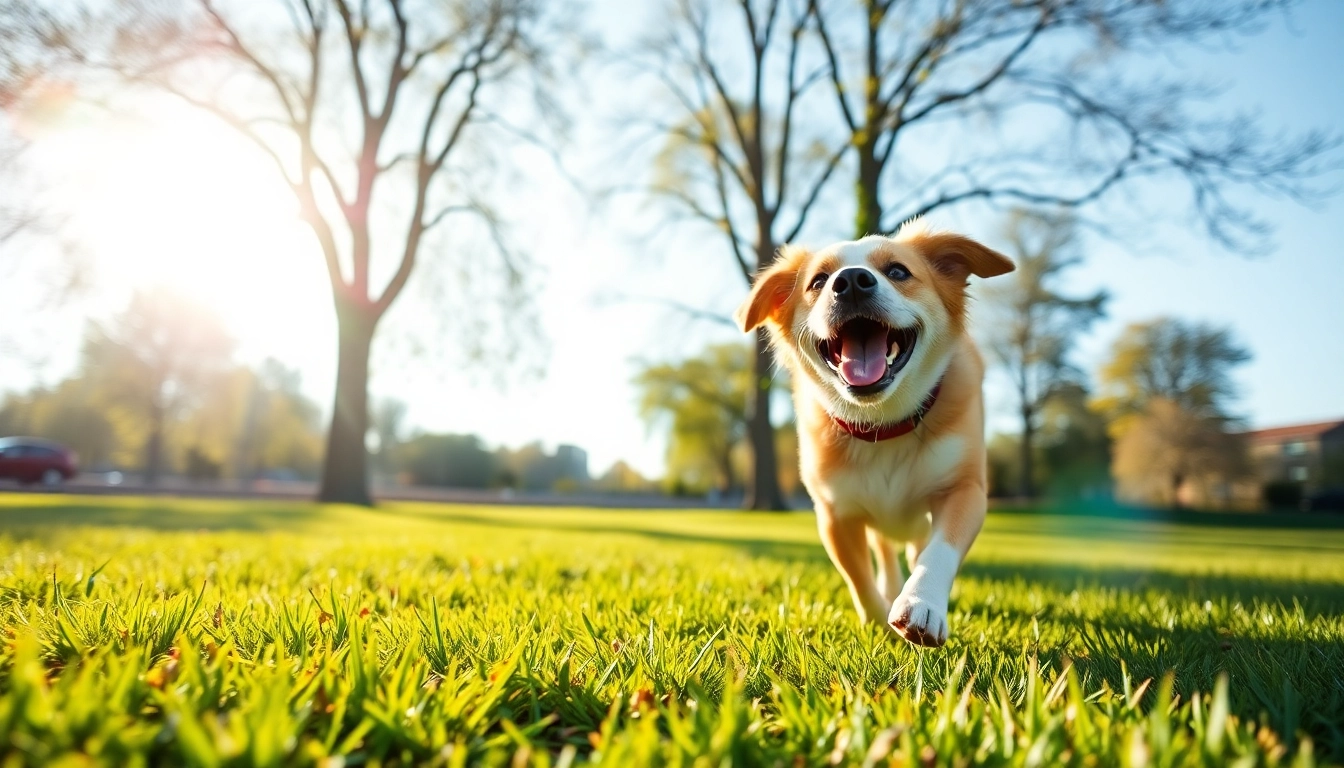 Playful pup enjoying a sunny day at Kate's K9 Pet Care, fetching a frisbee in a vibrant park.