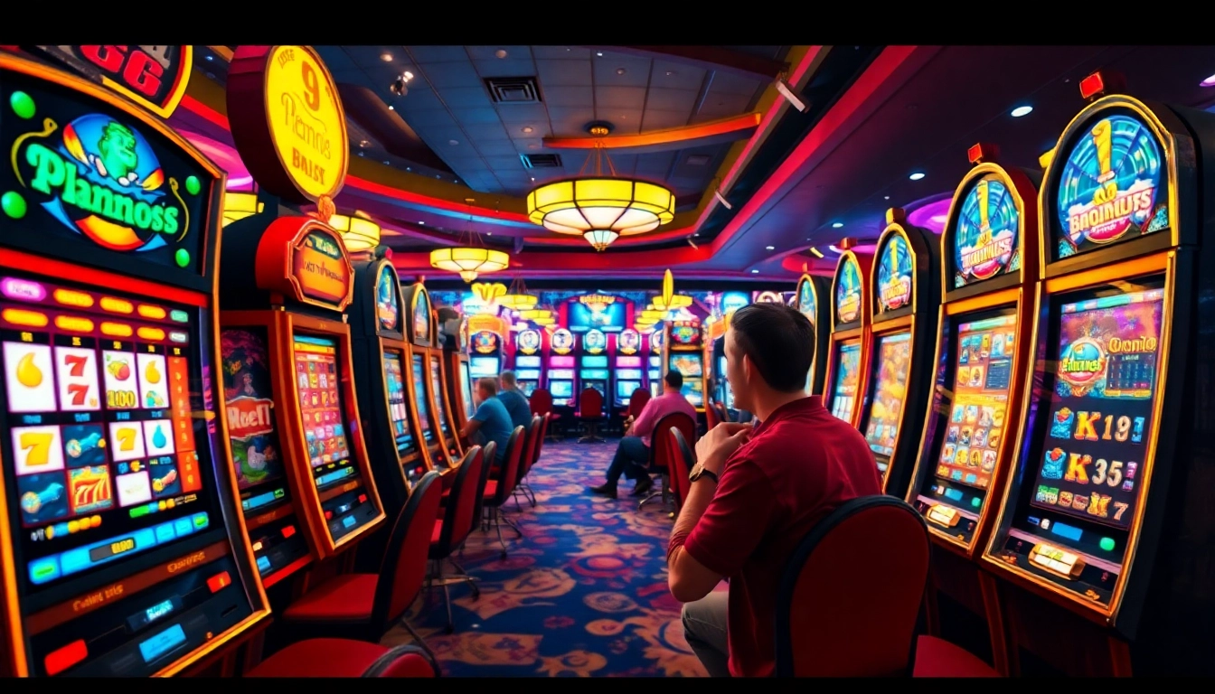 Player experiencing the thrill of ปั่นสล็อต at a lively casino with colorful slot machines.