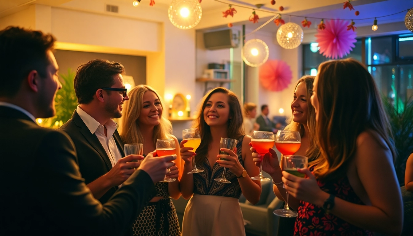 Friends celebrating at an After Work Party with drinks and laughter in a lively venue.