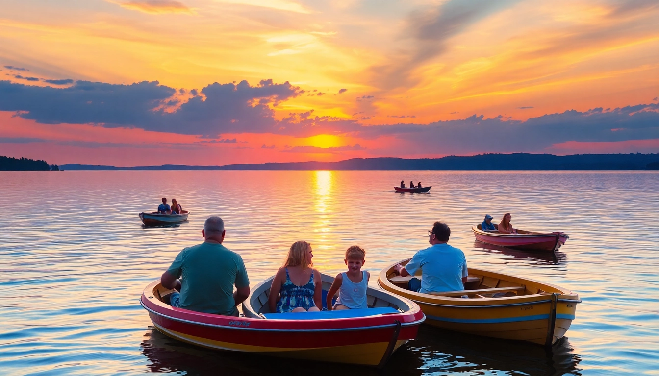 Family enjoying various lake boats during a beautiful sunset on the water.