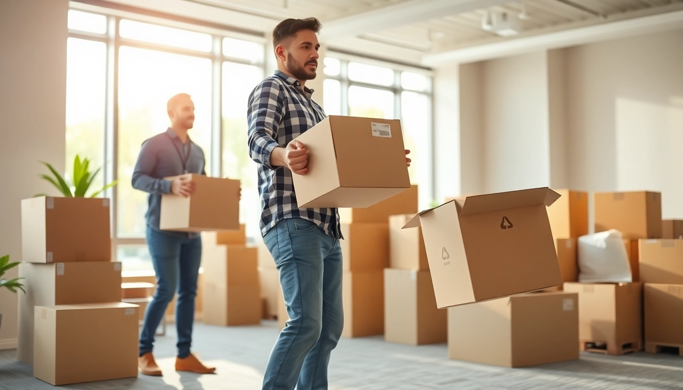 Canadian movers collaborating to efficiently pack and relocate items in a bright office space.
