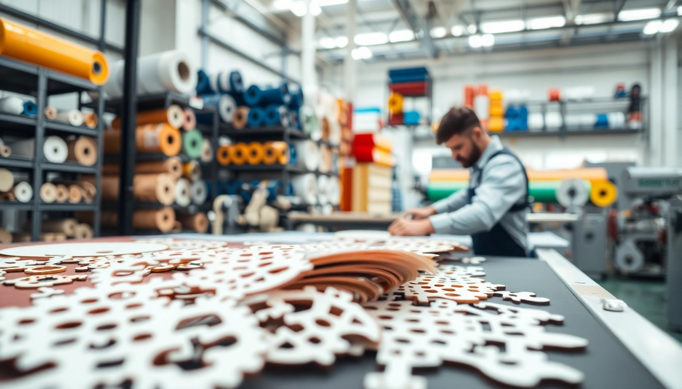 Showcasing precision die cutting techniques with a skilled implementer and cleanly cut materials.