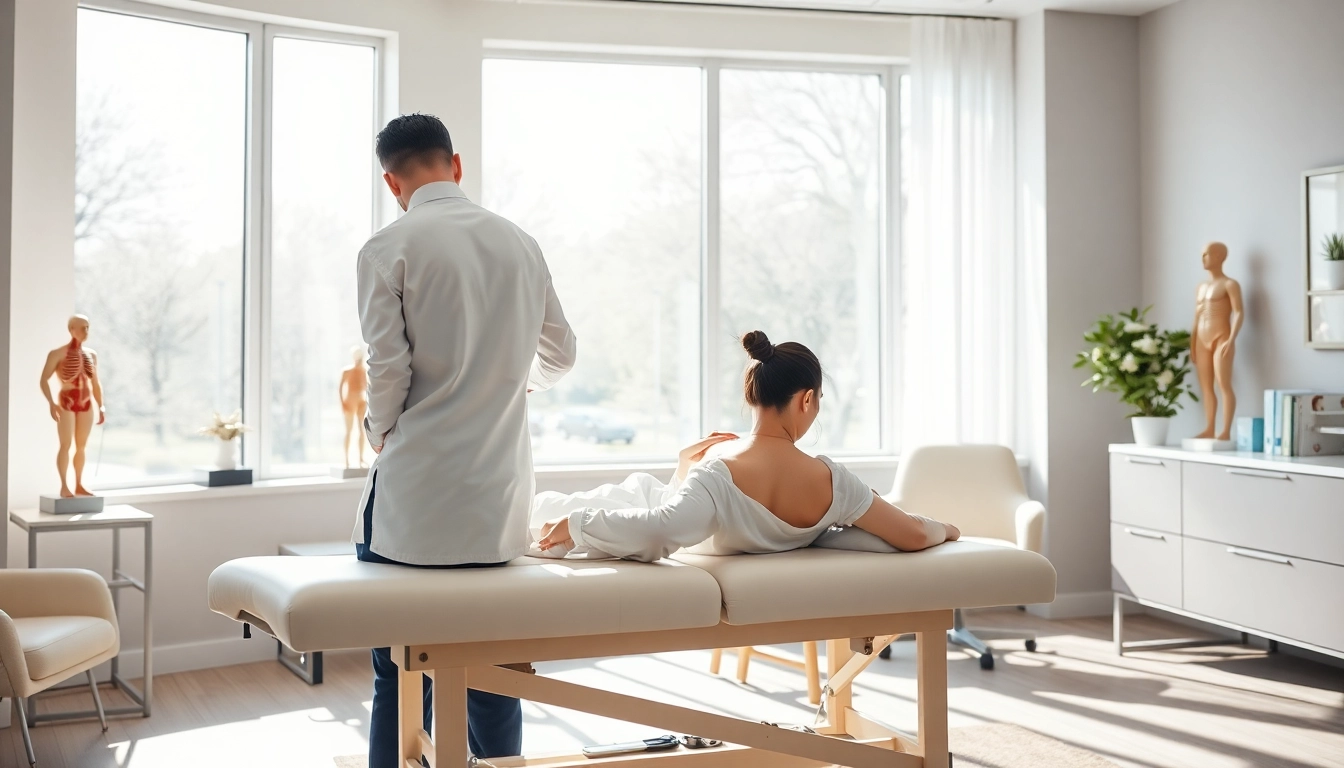 Chiropractor near me providing a spine adjustment in a welcoming clinic.