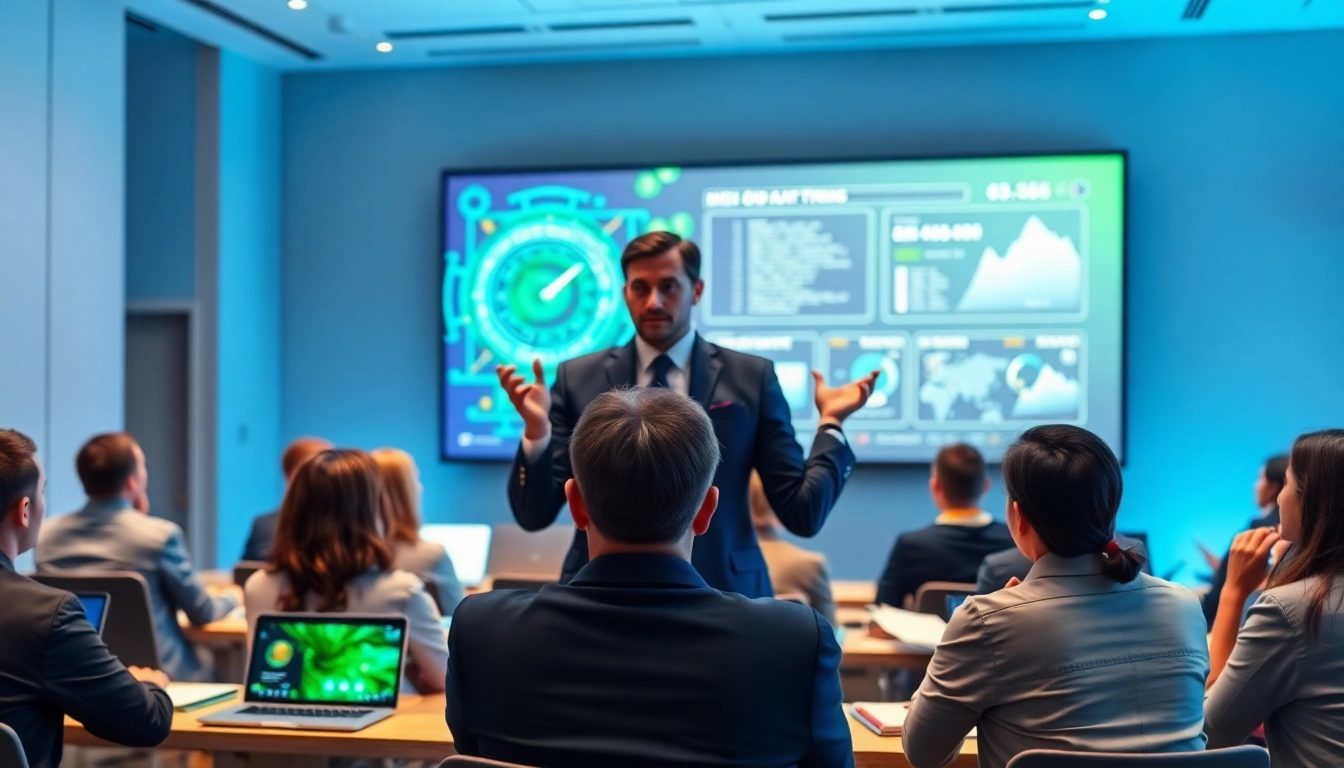 Engaging AI presentation with a speaker captivating the audience in a modern conference room.