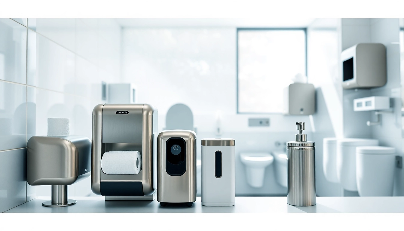 Showcase of Commercial Restroom Supplies including hand dryers, soap dispensers, and more in a modern restroom.