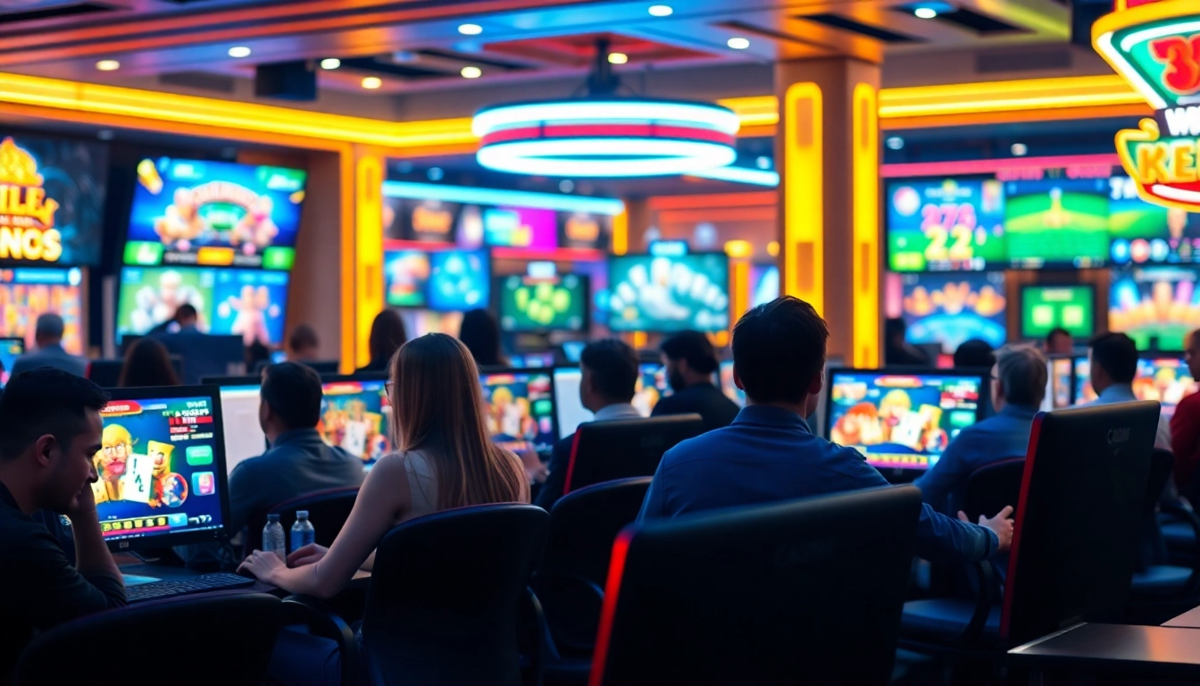 Players enjoying thrilling games at internet casinos in a vibrant, modern setting.