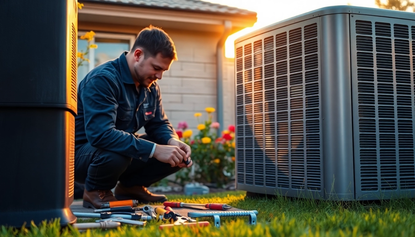 Fixing ac repair in Glendale, AZ with a technician at work in a garden setting.