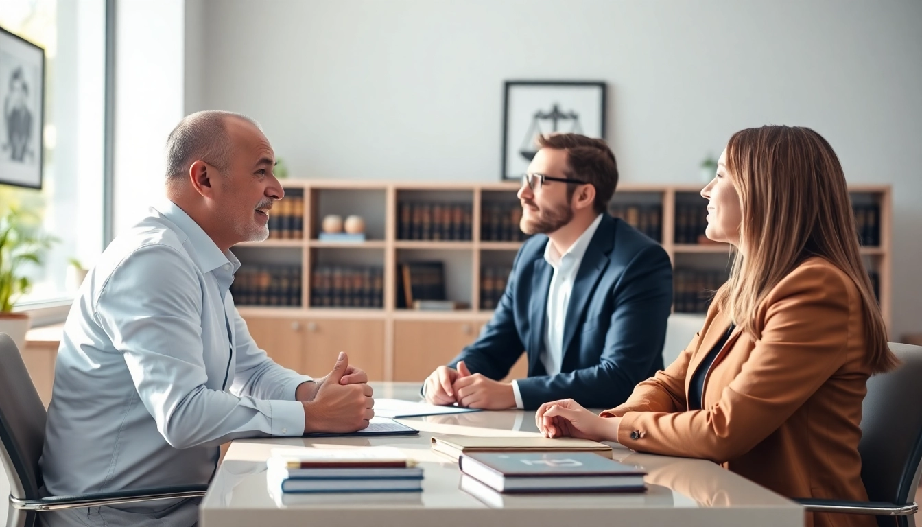 Abogada consulting with clients in a professional office setting, showcasing expertise.