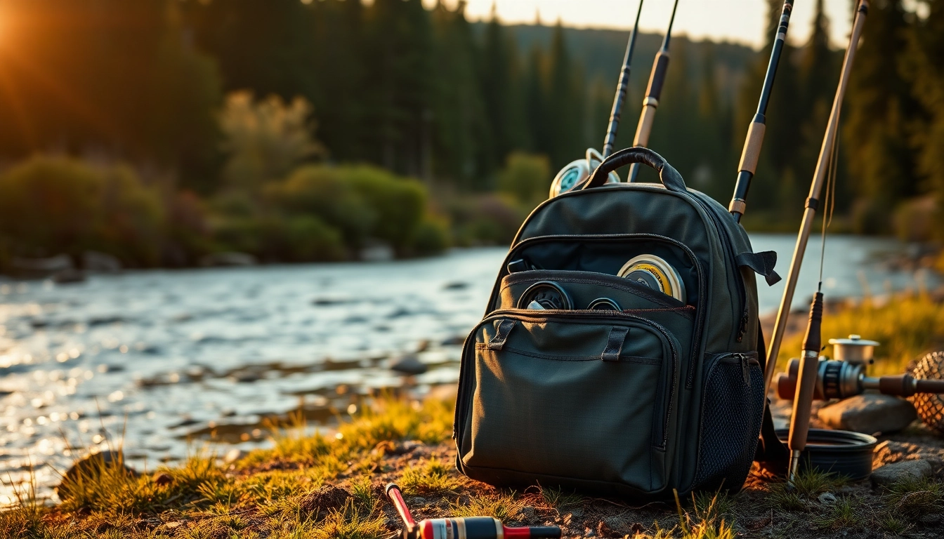 Showcasing a practical fly fishing bag filled with essential gear in a serene river setting.
