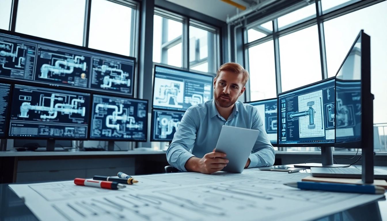 Piping stress Company analyzing complex piping systems in a modern engineering office environment.