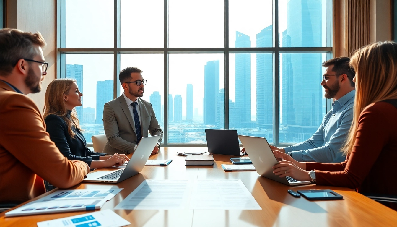 Individuals engaged in a professional discussion about trademark registration in Dubai.