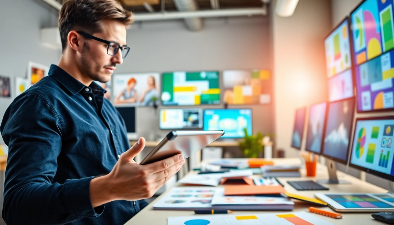 Showcase of AI design solutions in a vibrant studio, highlighting innovative designs and collaboration.