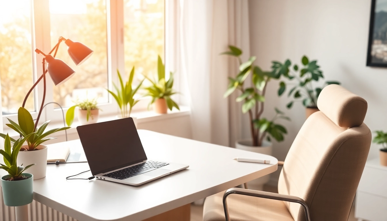 Work From Home setup with a modern desk, laptop, and inviting decor for productivity.