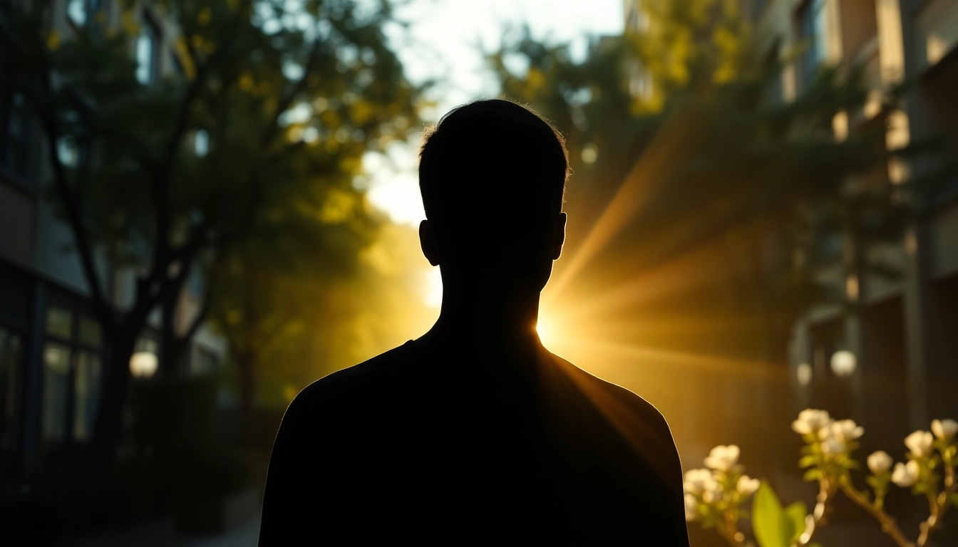 Shadow-to-shine transformation of a figure emerging from darkness into light.