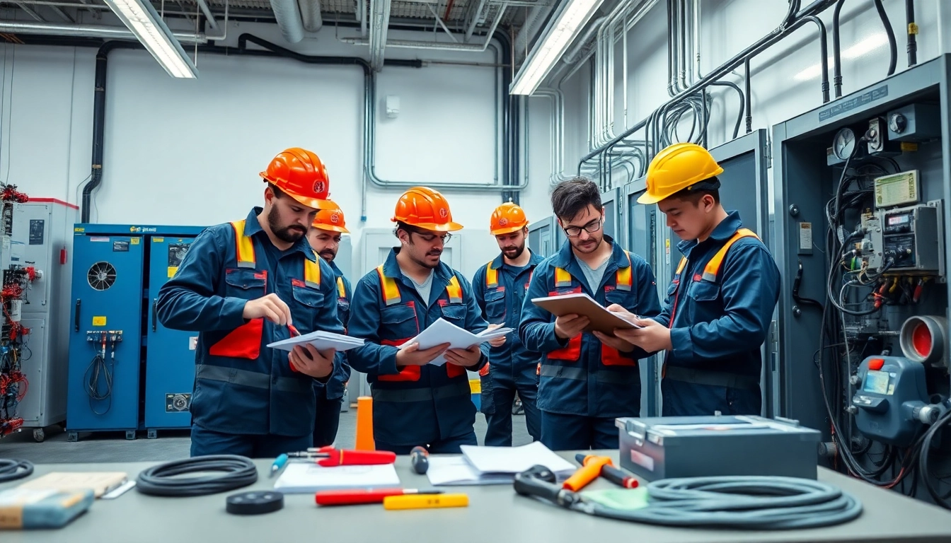 Electrician apprenticeship Hawaii featuring professionals in training, engaged in practical wiring tasks.