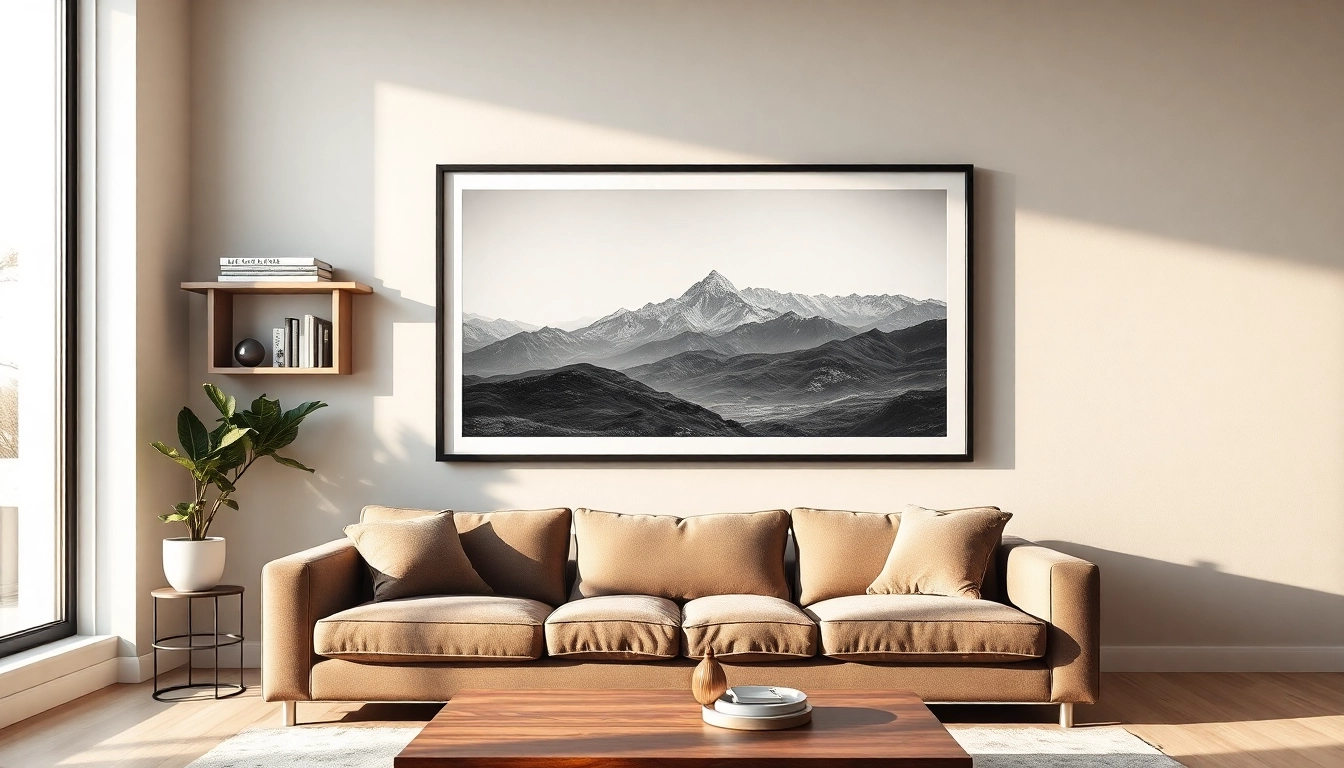 Showcasing a beautifully framed 36x48 frame with a striking landscape photograph in a modern home.
