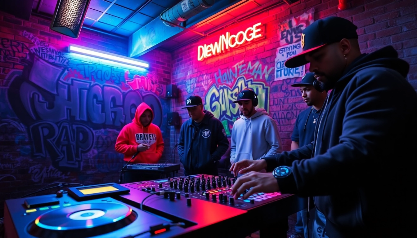 Highlighting underground rap Chicago artists collaborating in a vibrant basement studio.