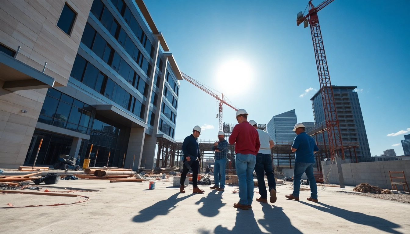 Austin construction workers collaborating on a site with modern buildings in view.