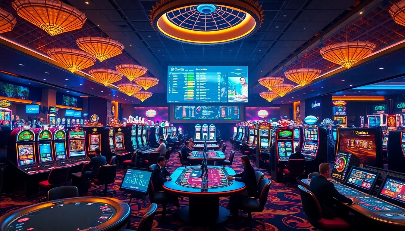 Experience the thrill of internet casinos with players betting at sleek gaming tables.