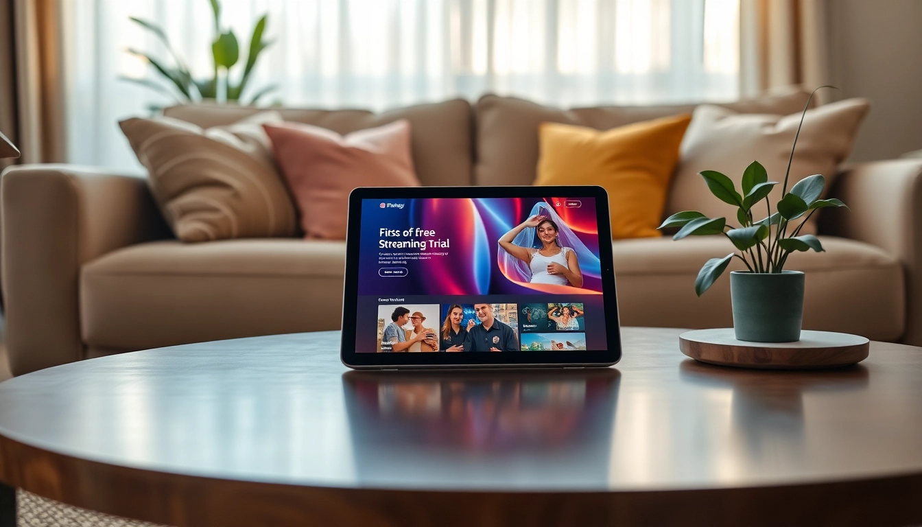 Explore our free streaming trial with a vibrant interface on a tablet in a cozy living room.