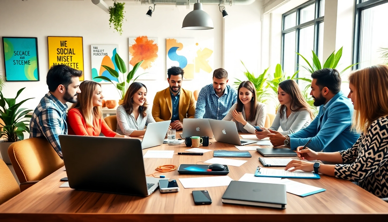 Dynamic discussion at a social media agency featuring a diverse marketing team in a modern office.