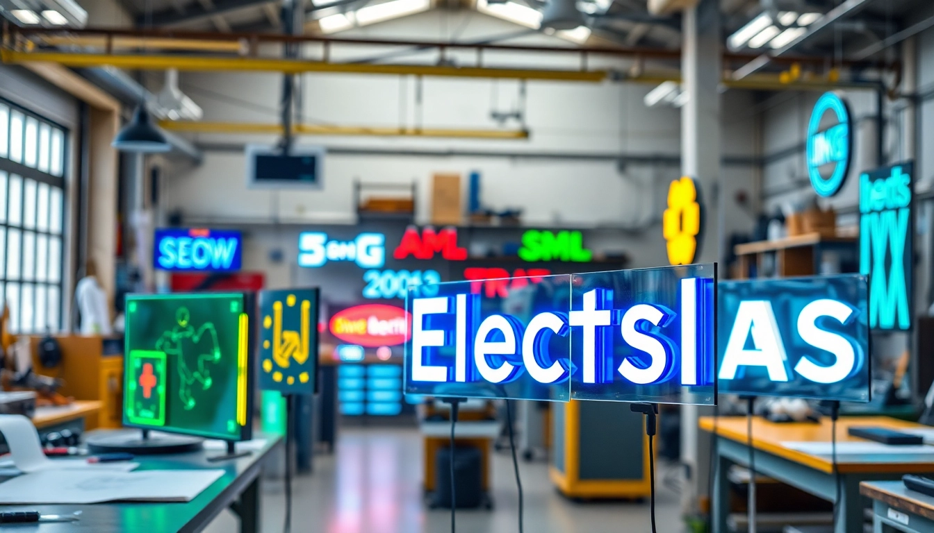 Showcasing vibrant electrical signs in a modern setting, highlighting various illuminated designs.